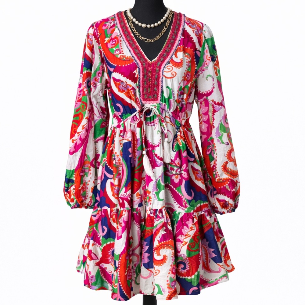 Kaktus Colorful Floral Long Sleeve Cotton Dress